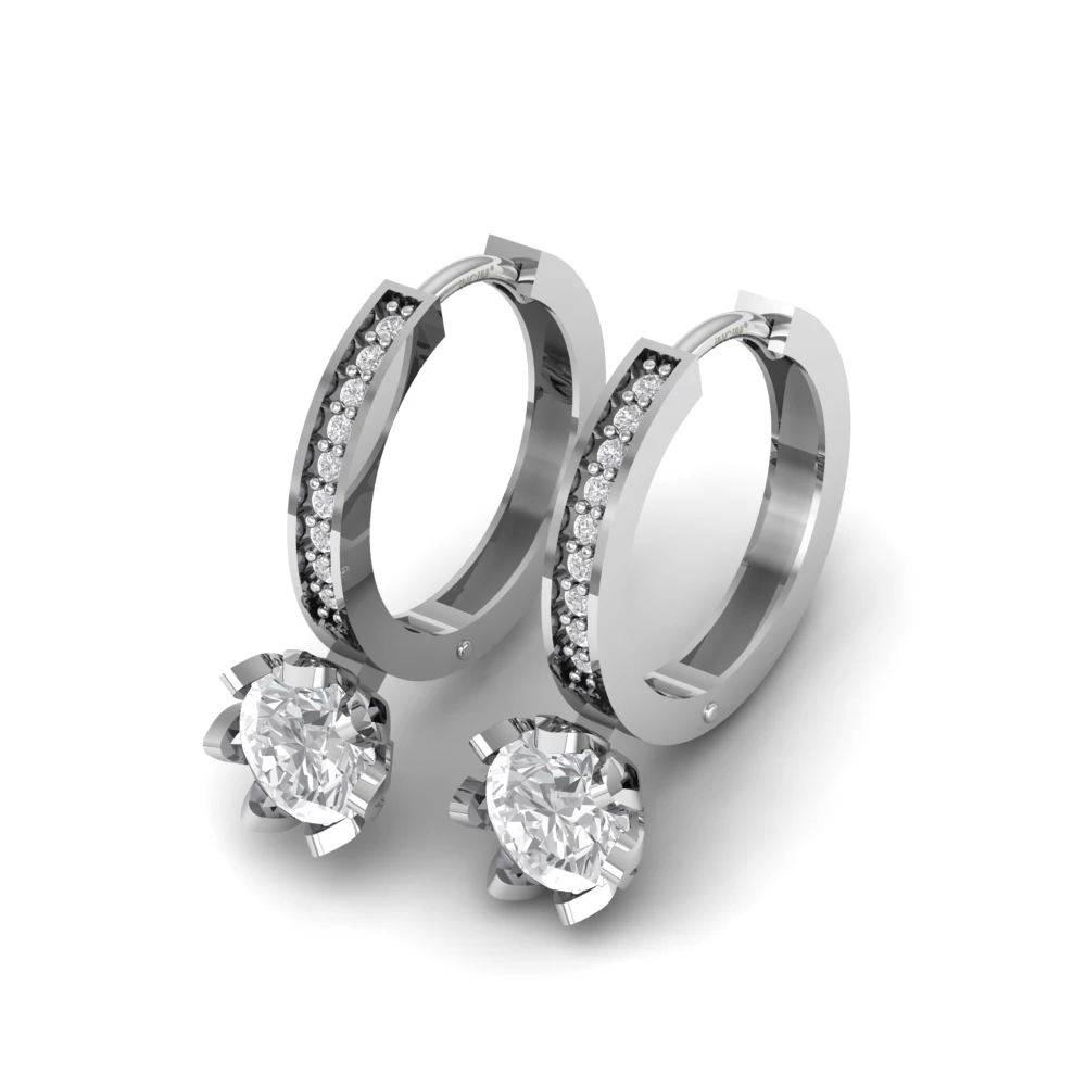 Pargold Solid Gold Radiant Halo Solitaire Drop Huggie Earrings -Silver_Diamond_Diamond_Static_Silver