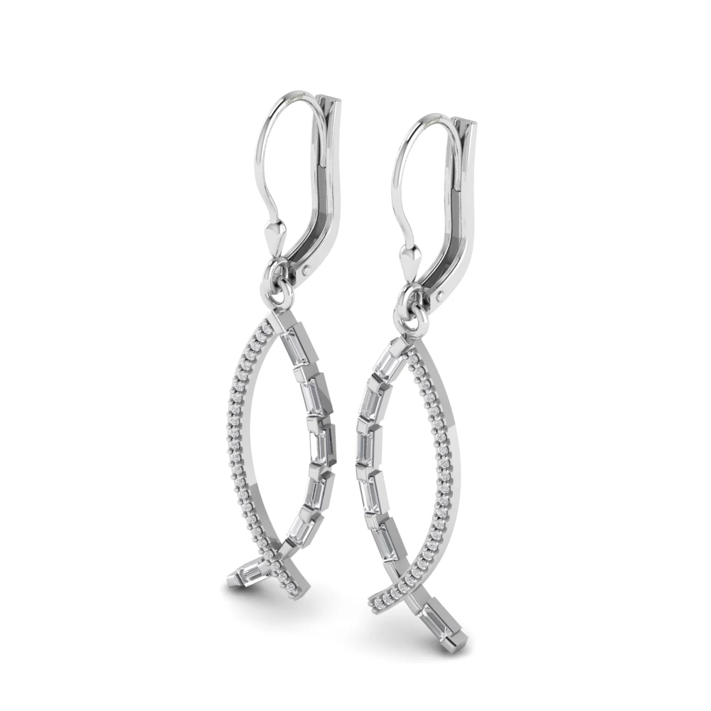 Pargold Solid Gold Baguette Cascade Leverback Earrings -Silver_Diamond_Diamond_Static_Silver