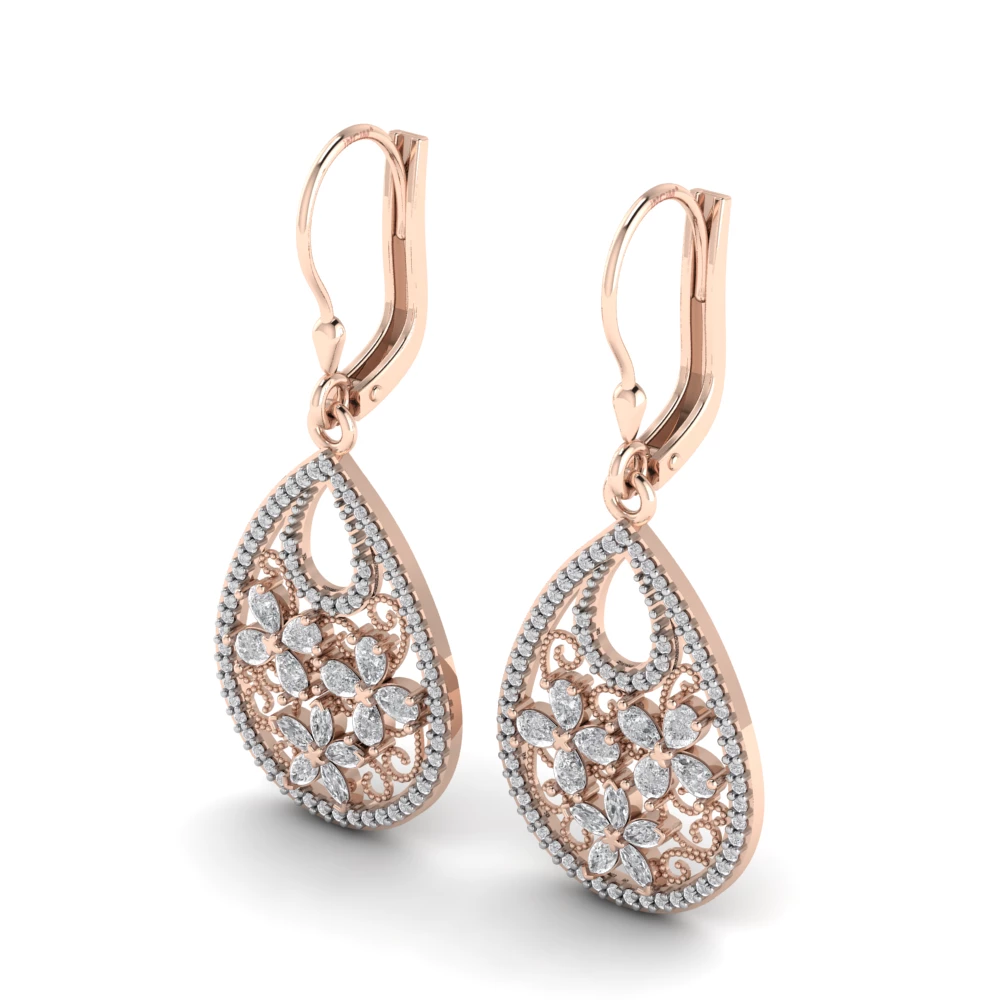 Pargold Solid Gold Filigree Pav√© Teardrop Leverback Earrings -Rose_Diamond_Diamond_Static_Rose