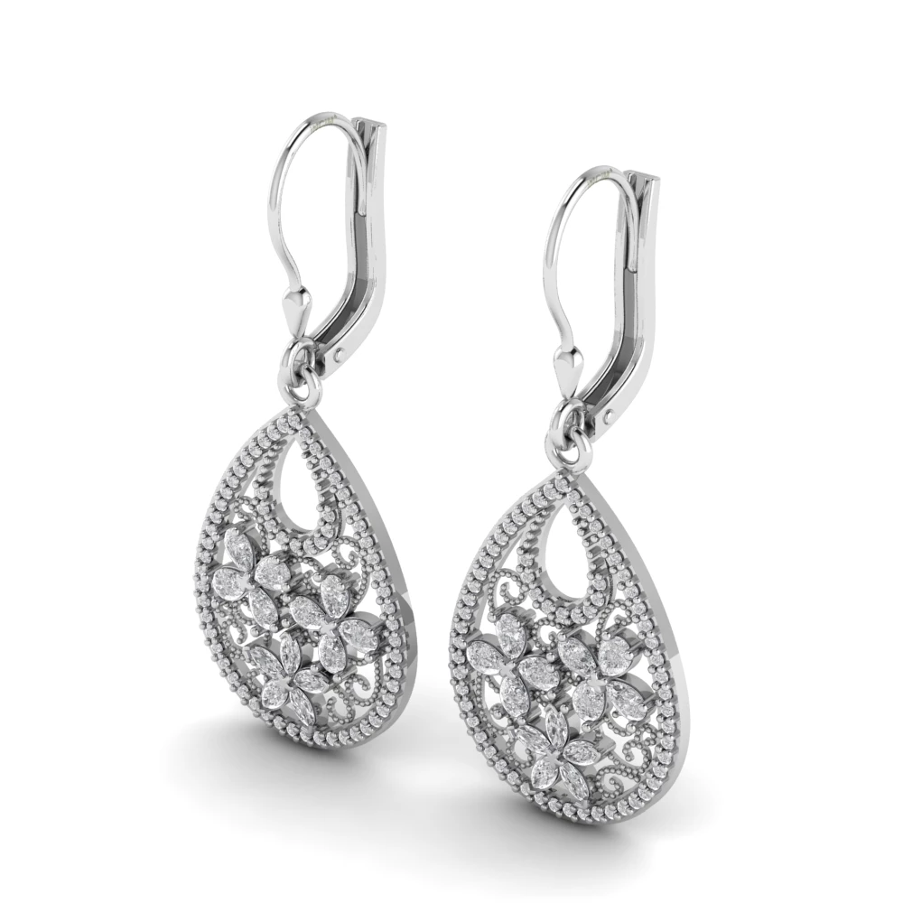 Pargold Solid Gold Filigree Pav√© Teardrop Leverback Earrings -Silver_Diamond_Diamond_Static_Silver