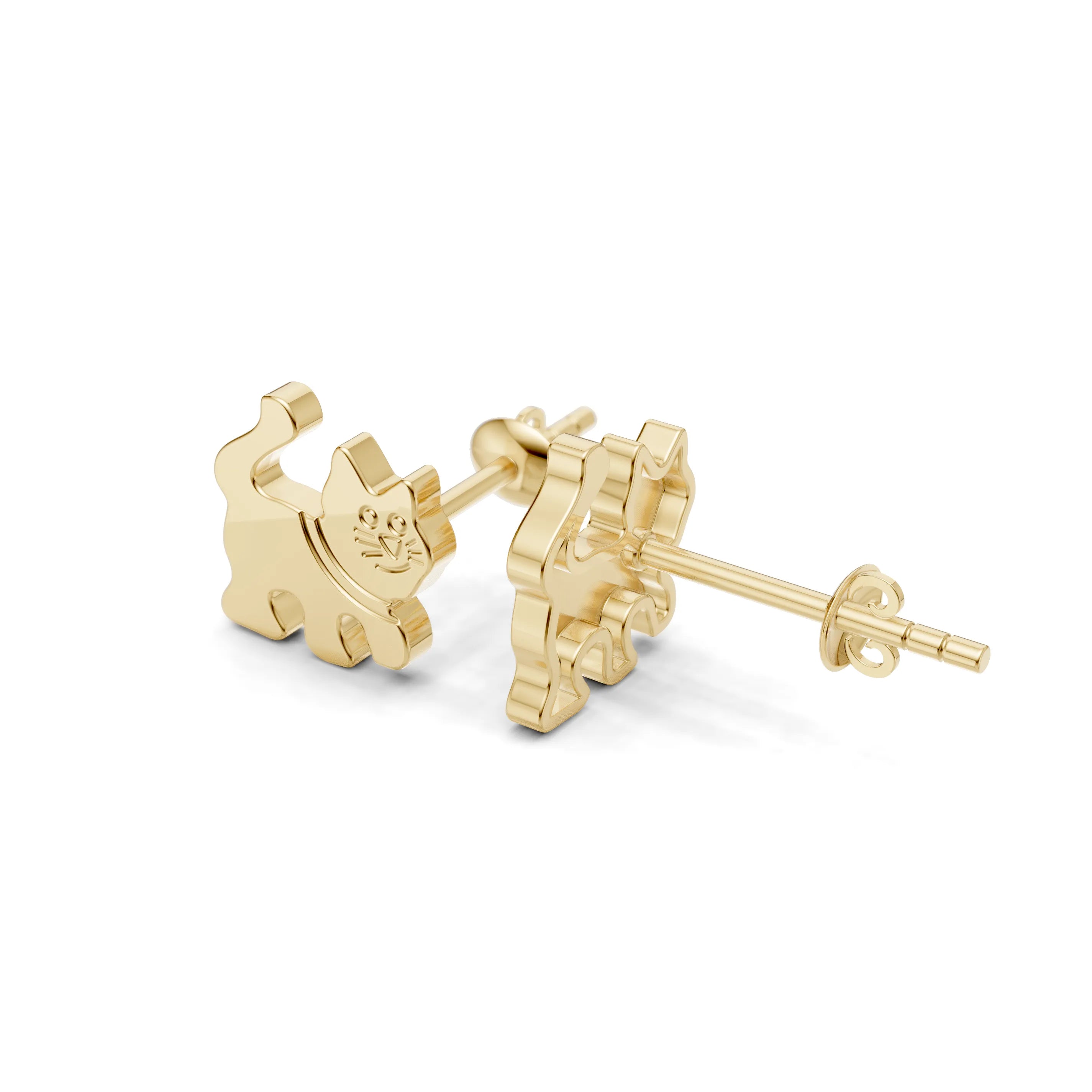 Pargold Solid Gold Playful Cat Stud Earrings -Gold_Static_Gold