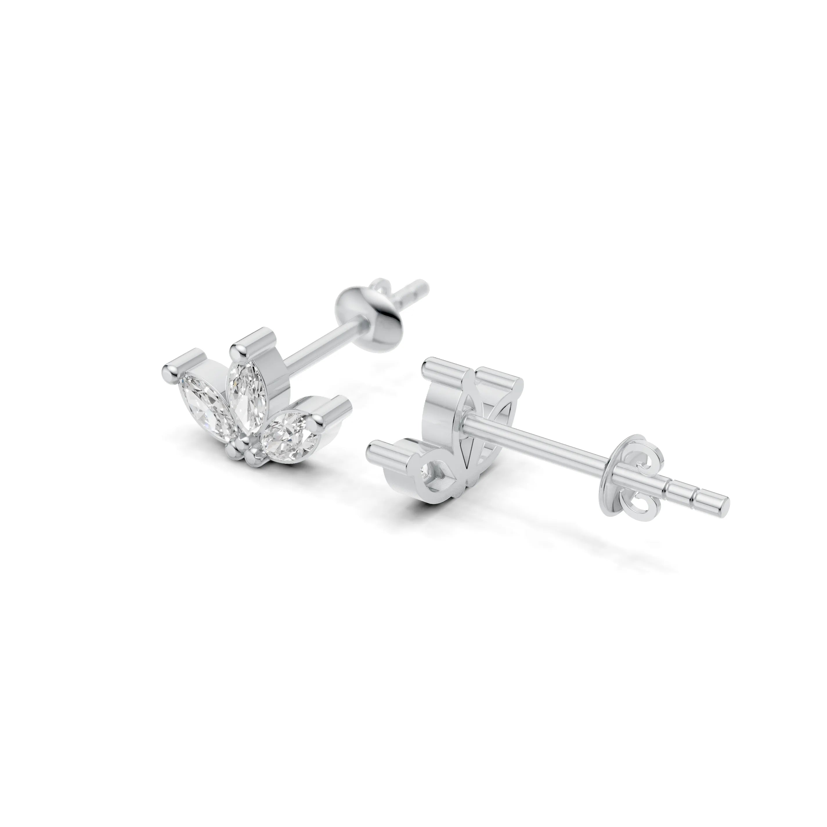 Pargold Solid Gold Elegant Crown Marquise Stud Earrings -Silver_Diamond_Diamond_Static_Silver