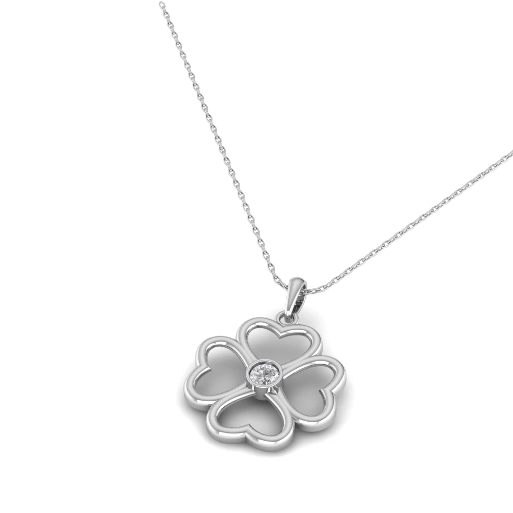 Pargold Solid Gold Lucky Heart Clover Pendant -Silver_Diamond_Static_Silver