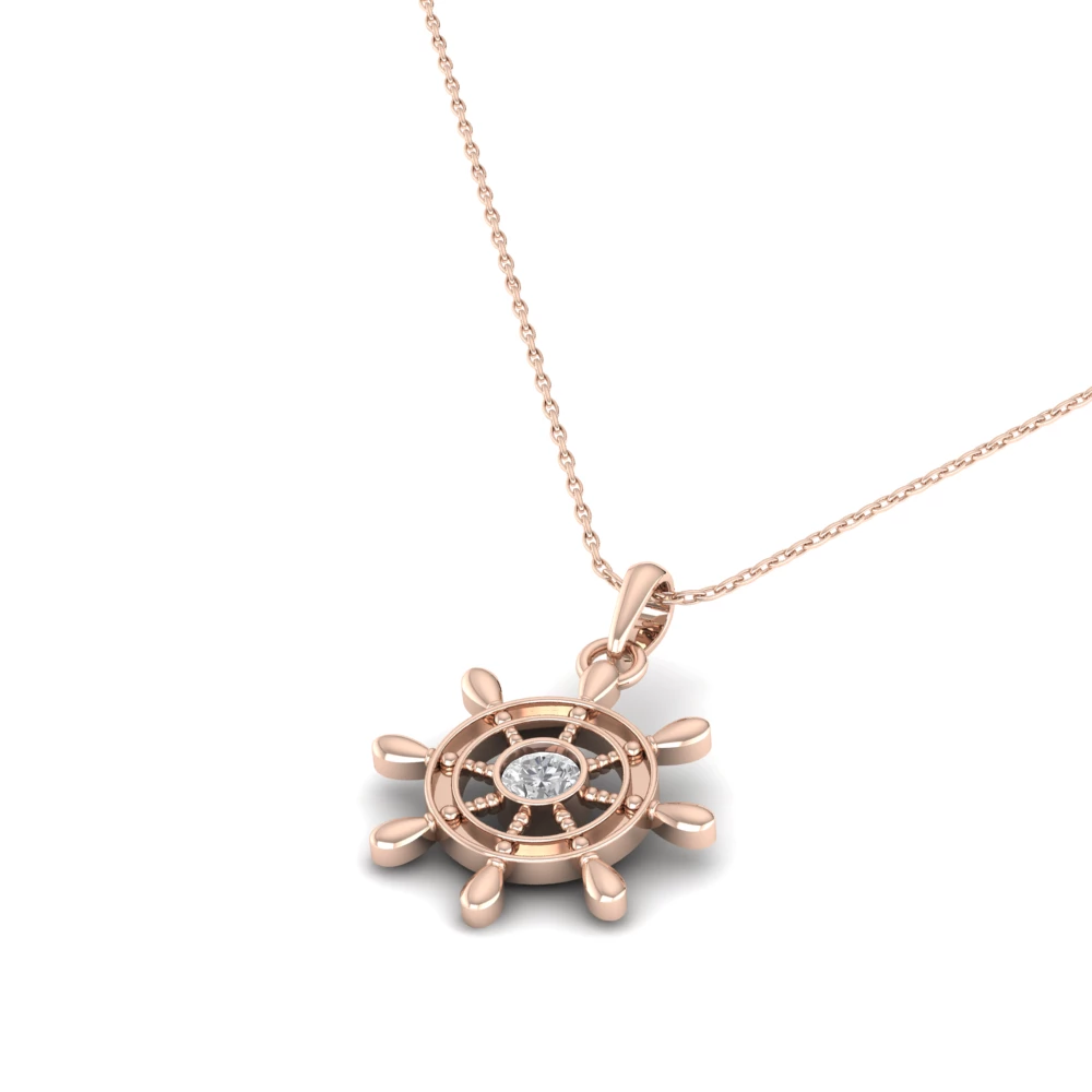 Pargold Solid Gold Chic Anchor Wheel Rudder Necklace -Rose_Diamond_Static_Rose