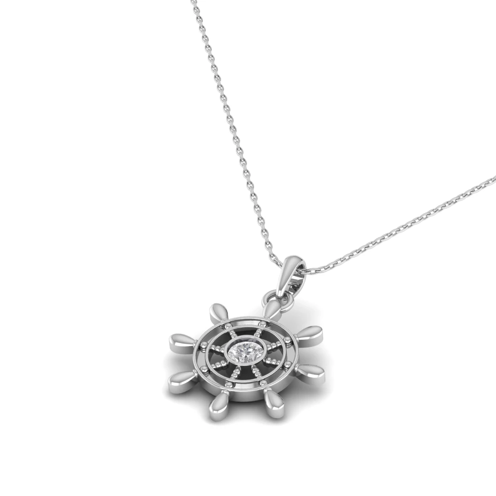 Pargold Solid Gold Chic Anchor Wheel Rudder Necklace -Silver_Diamond_Static_Silver