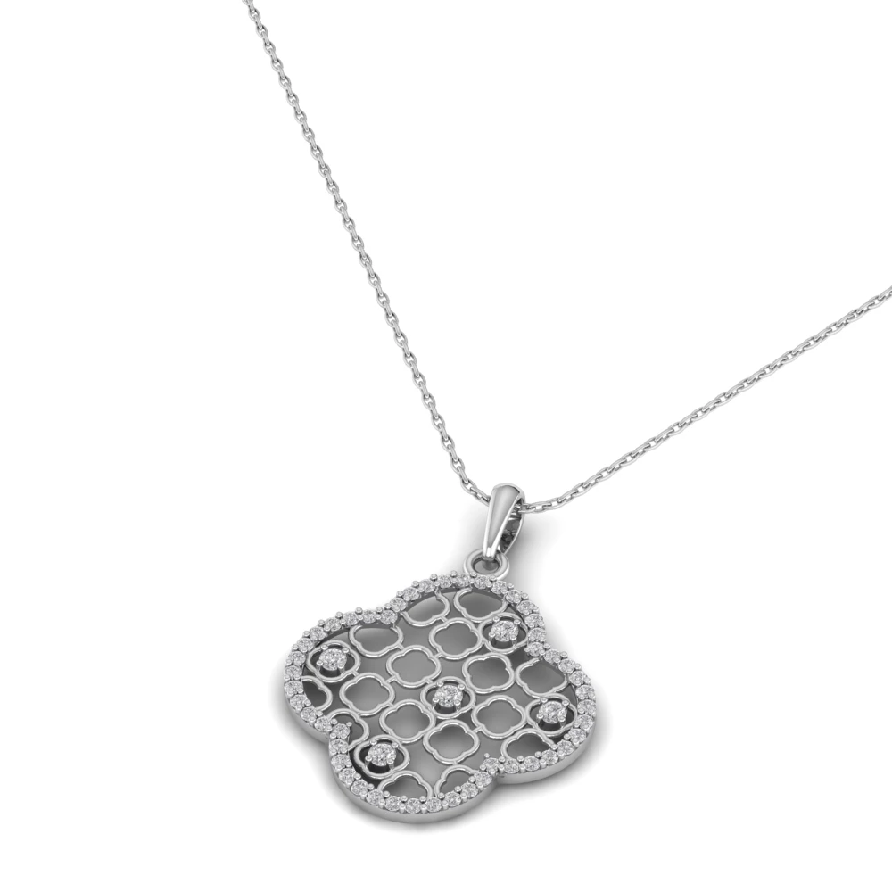 Pargold Solid Gold Charm of Fortune Clover Pendant Necklace -Silver_Diamond_Diamond_Static_Silver