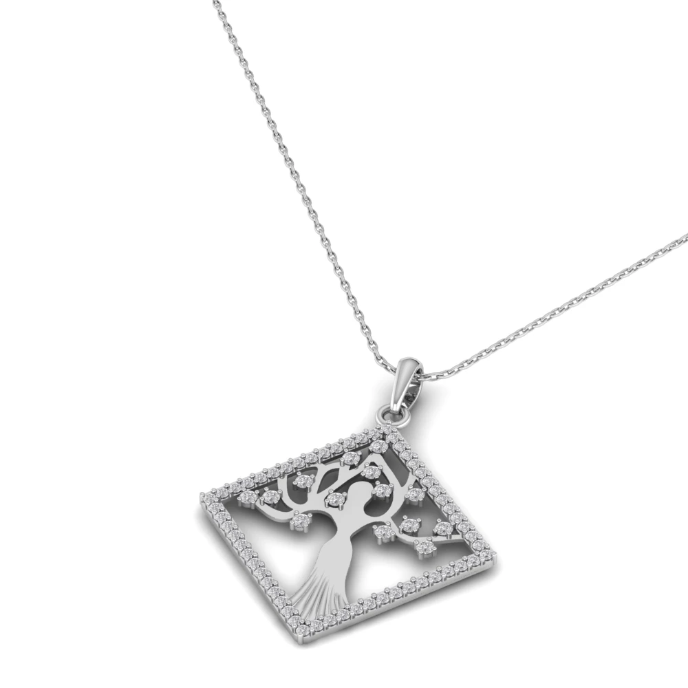 Pargold Solid Gold Geometric Tree of Life Pendant Necklace -Silver_Diamond_Diamond_Static_Silver