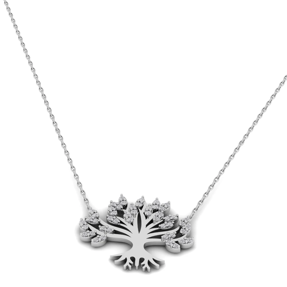 Pargold Solid Gold Glittering Tree of Life Pendant Necklace -Silver_Diamond_Diamond_Static_Silver