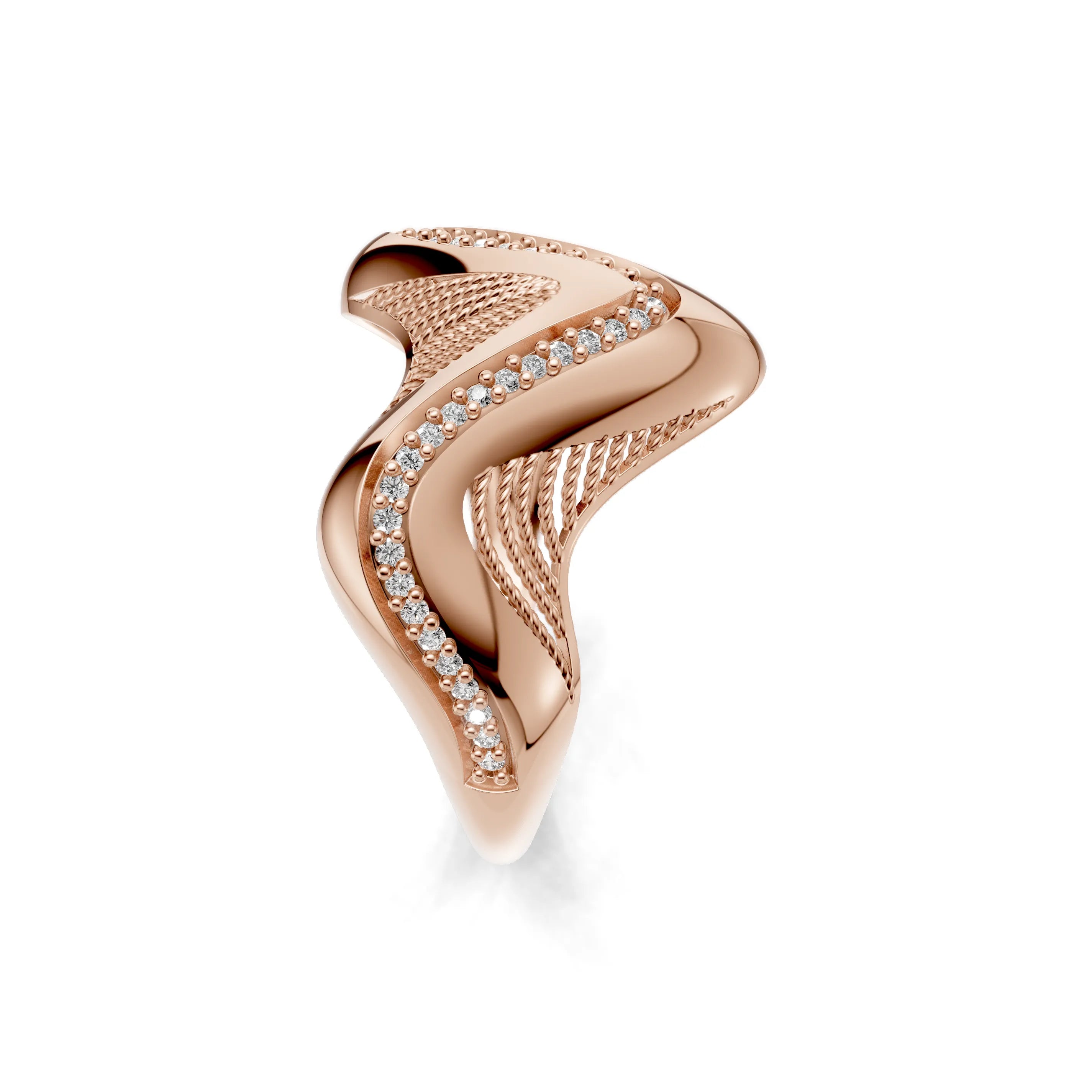 Pargold Solid Gold Cresting Wave Textured Ring -Rose_Diamond_Diamond_Static_Rose