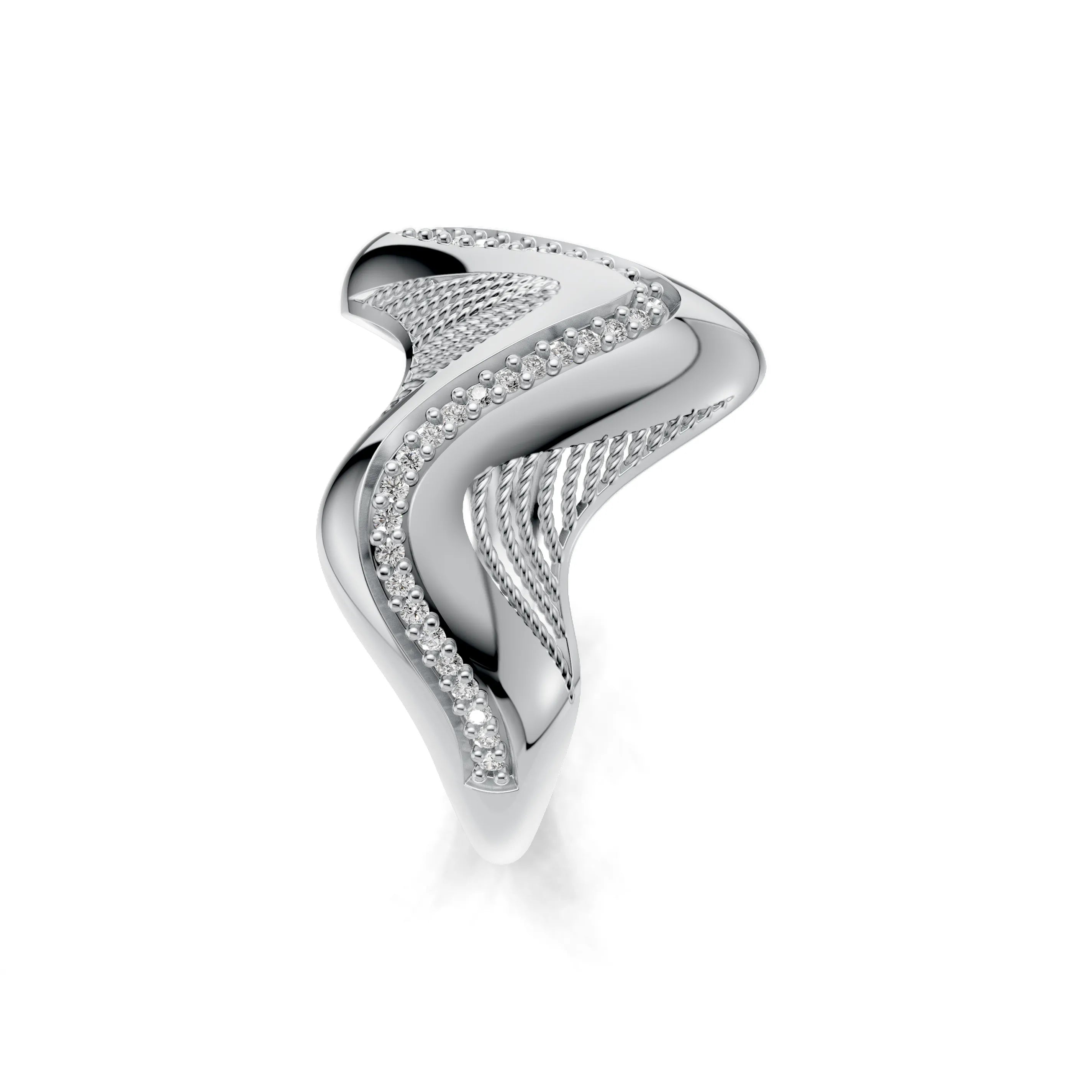 Pargold Solid Gold Cresting Wave Textured Ring -Silver_Diamond_Diamond_Static_Silver